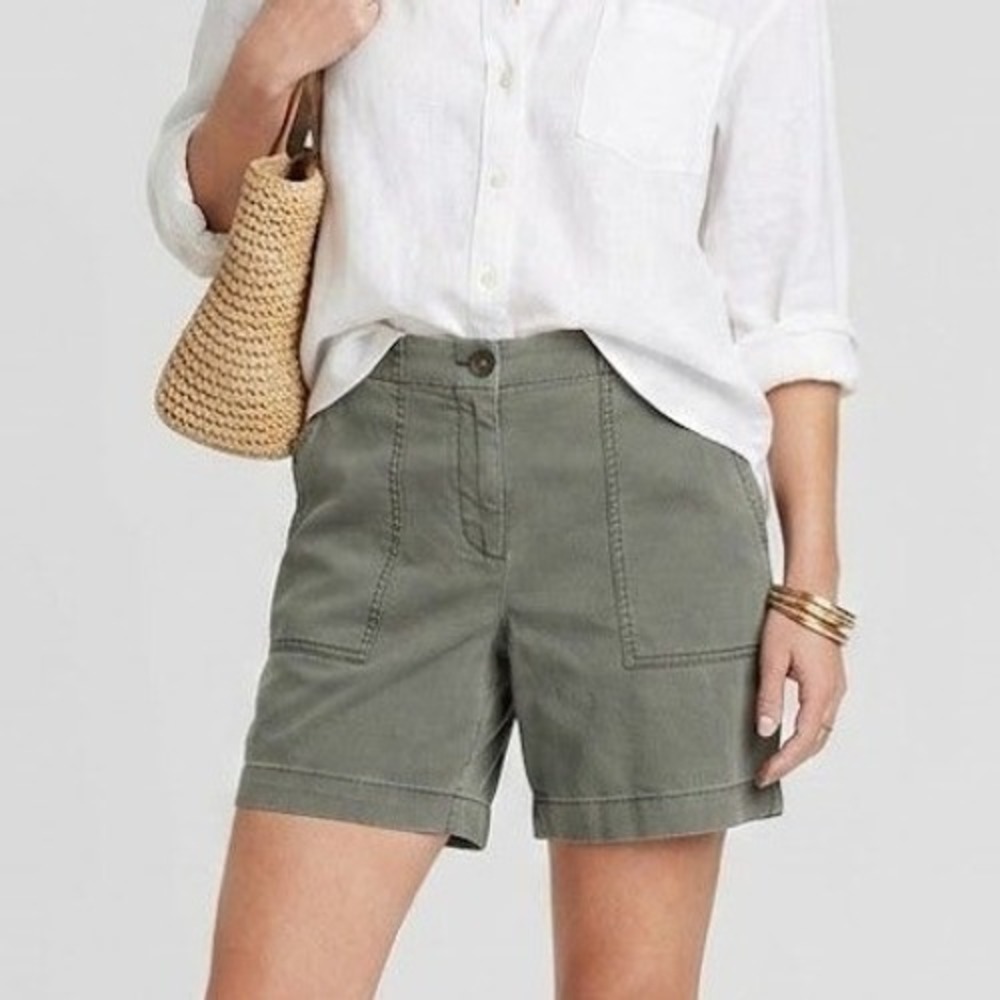J. Jill Chino Patch-Pocket Shorts Size‎ 14 Petite Gray Cotton Tencel Stretch
